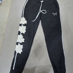 🐕 Victoria's Secret Black Joggers with White Floral Embroidery
